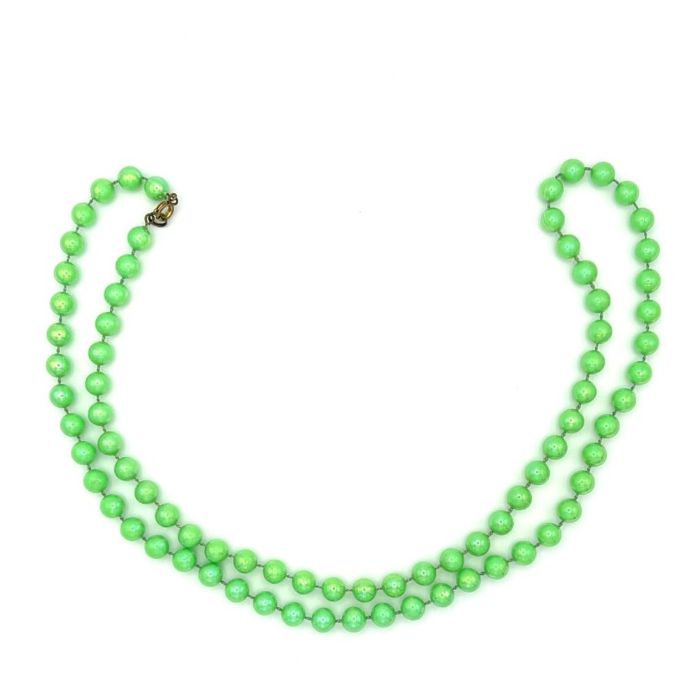 Vintage Moonglow Bead Necklace Earrings Set 32”Statement Jewelry Pistachio Green